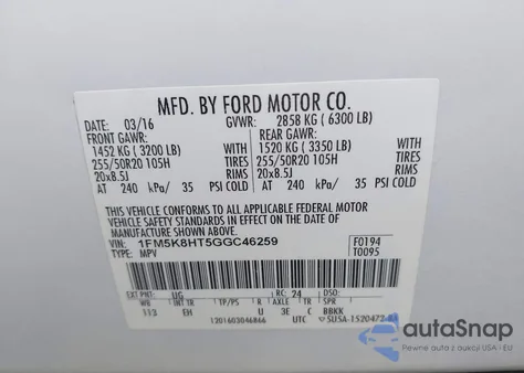 2016 Ford Explorer Platinum z USA, uszkodzony, nr VIN 1FM5K8HT5GGC46259